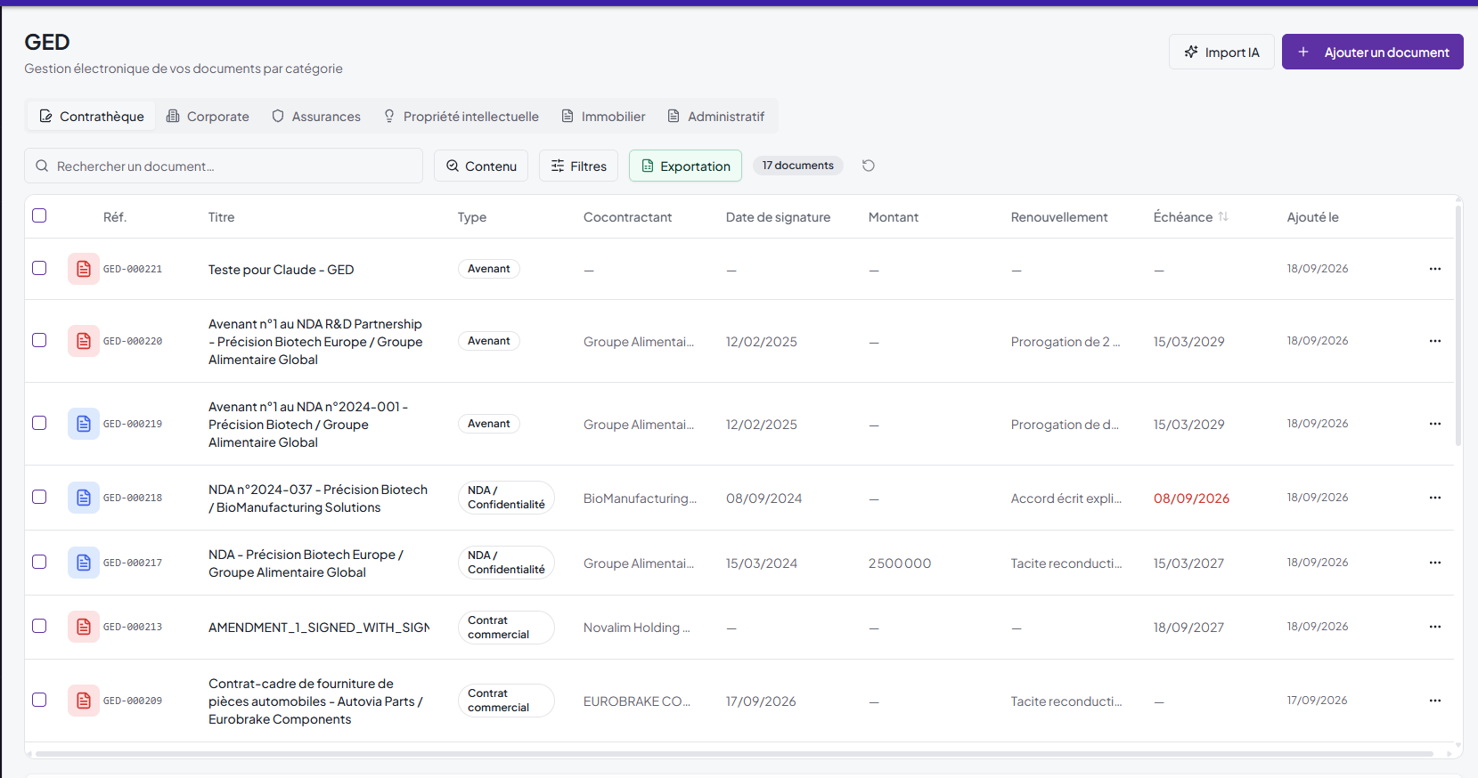 Juriview contract repository showing contracts, search tools and deadlines