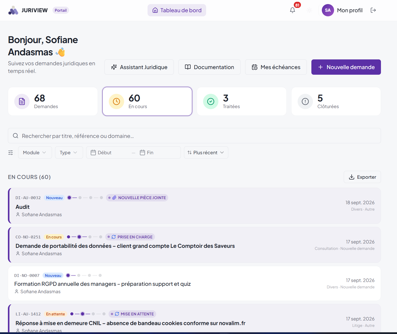 Juriview business portal dashboard: operational view of requests, documents and deadlines